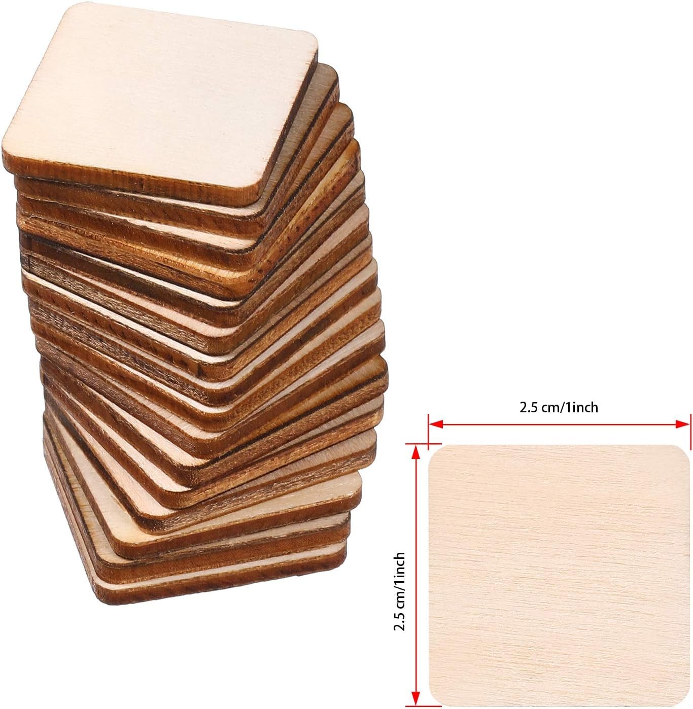 Stack of wooden coasters with dimensions indicated on a white background