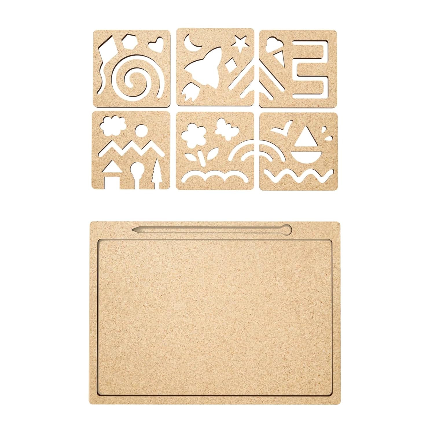 Set of wooden stencils with various shapes on a white background
