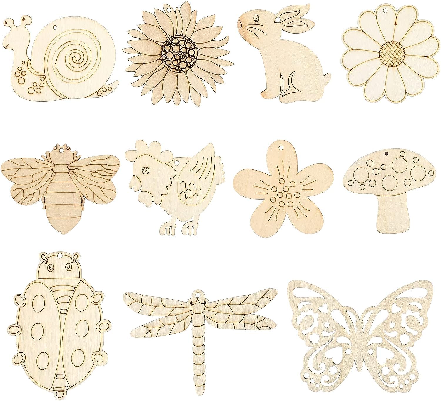 Set of wooden cutouts including animals, plants, and insects on a white background