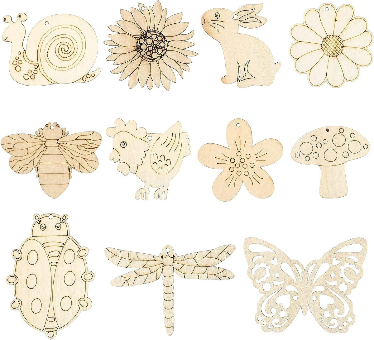 Set of wooden cutouts including animals, plants, and insects on a white background