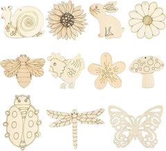Set of wooden cutouts including animals, plants, and insects on a white background
