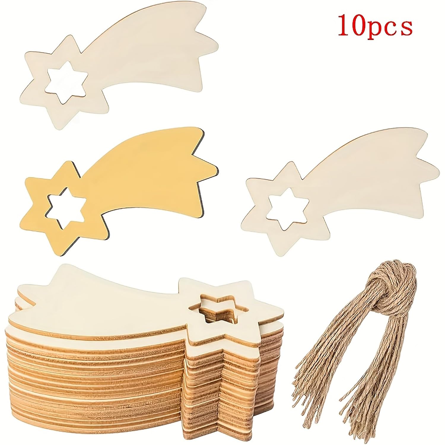 Set of wooden cutouts with star and moon shapes, including string, on a white background.