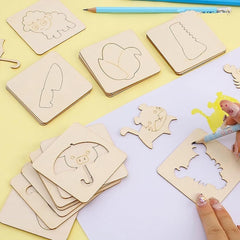 Wooden cutout shapes of animals on a yellow and white background with a hand holding a pencil.
