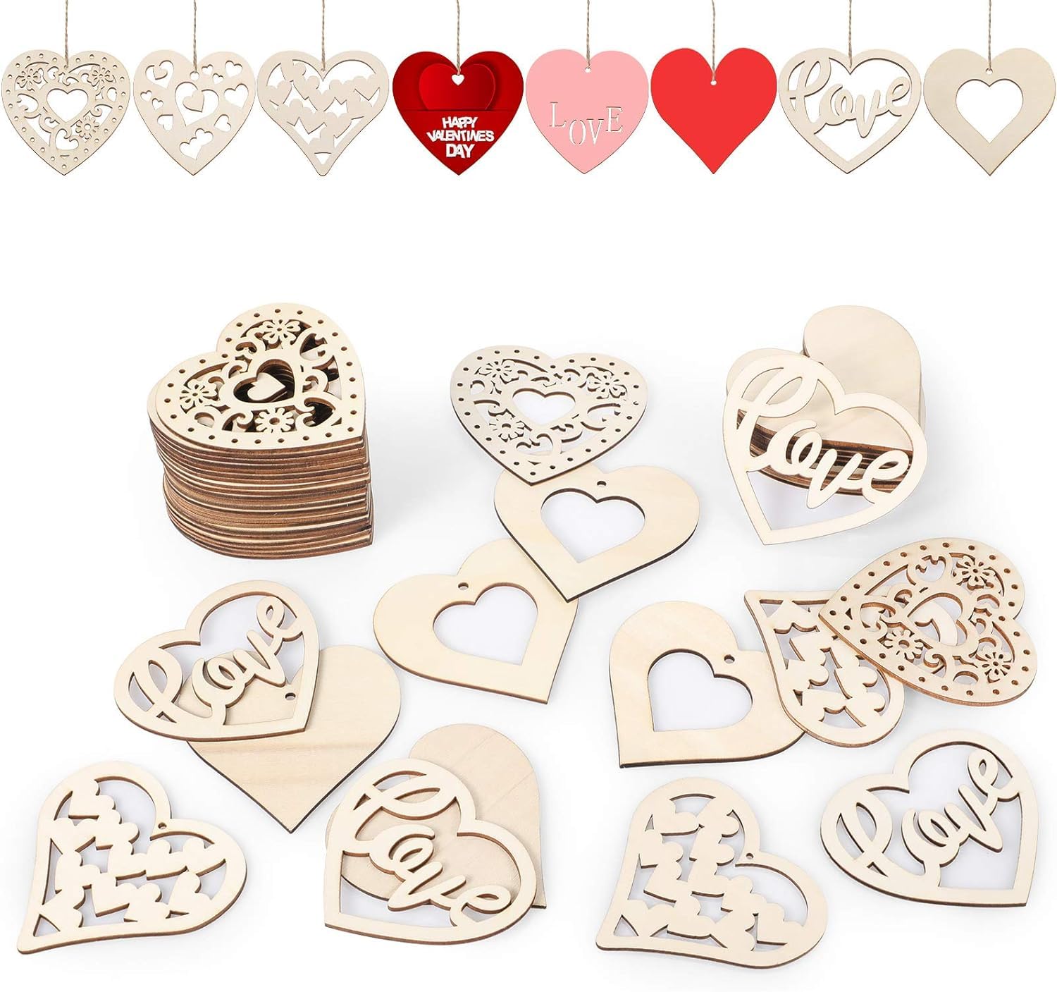 Wooden heart-shaped decorations with 'Love' engraving on a white background