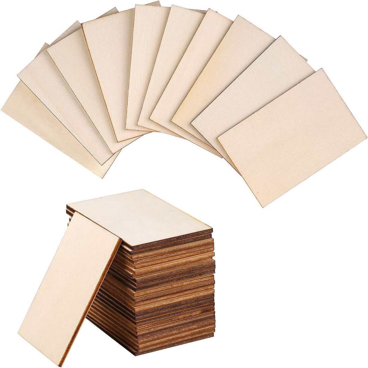 Stack of wooden panels with a fan arrangement above on a white background