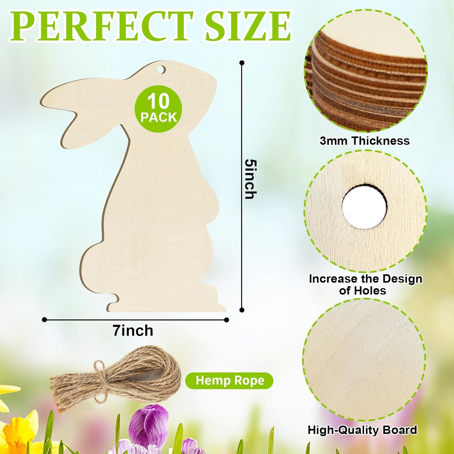 Wooden bunny shapes with measurements and details on a floral background