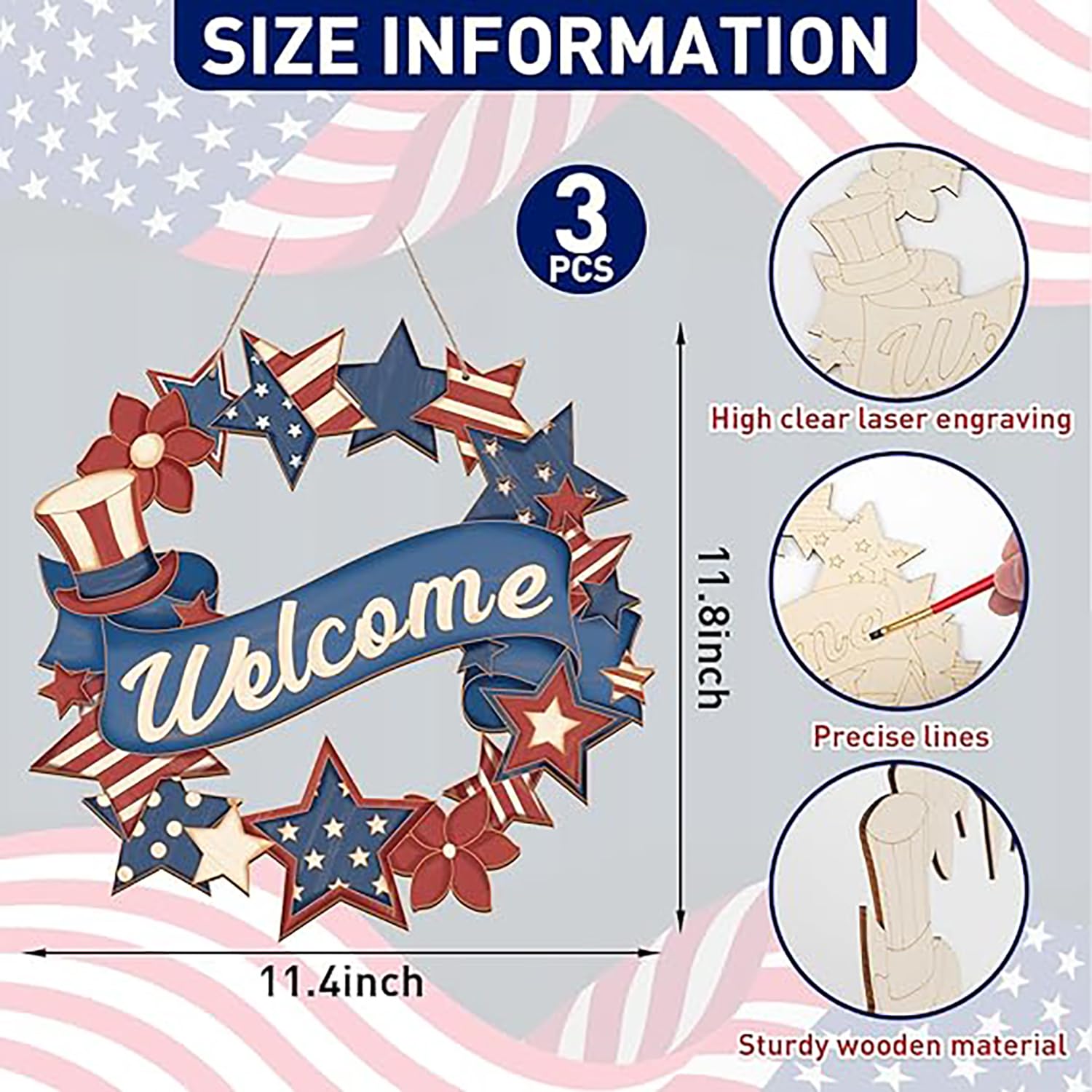 Wooden 'Welcome' sign with American flag design, size information, and material details on a patriotic background.