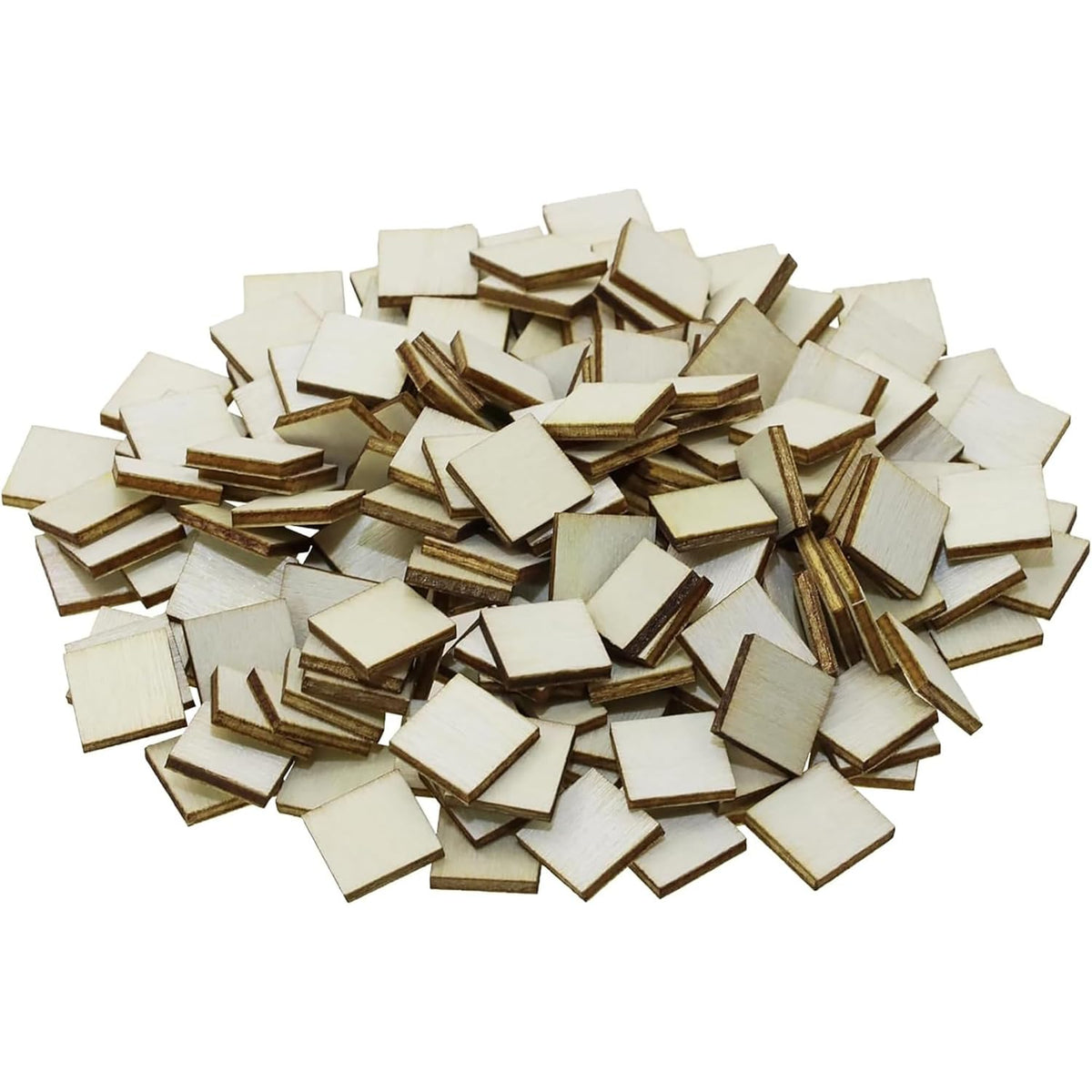 Pile of small wooden squares with gold accents on a white background