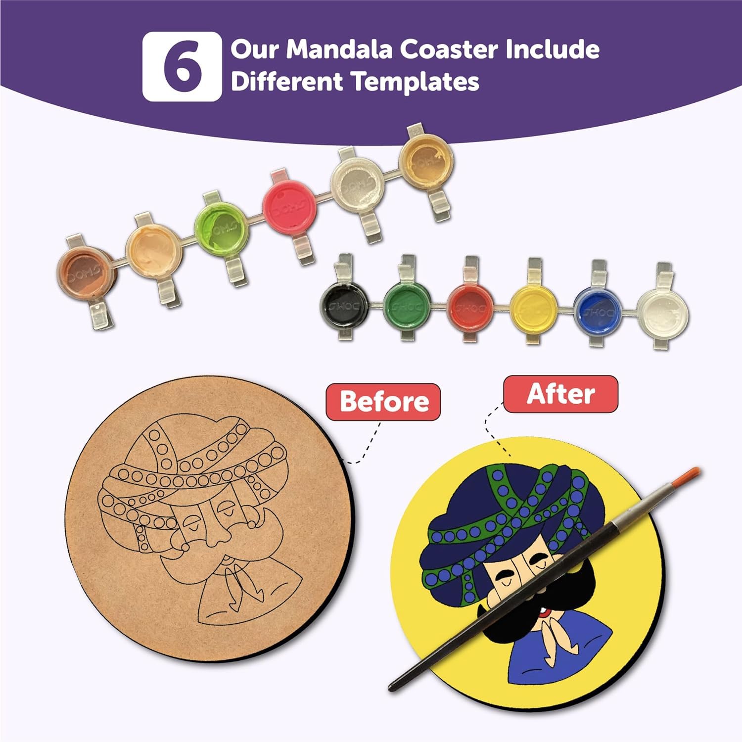 Mandala coaster set with paint samples and 'Before'/'After' comparison