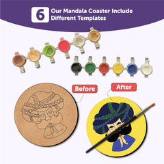 Mandala coaster set with paint samples and 'Before'/'After' comparison