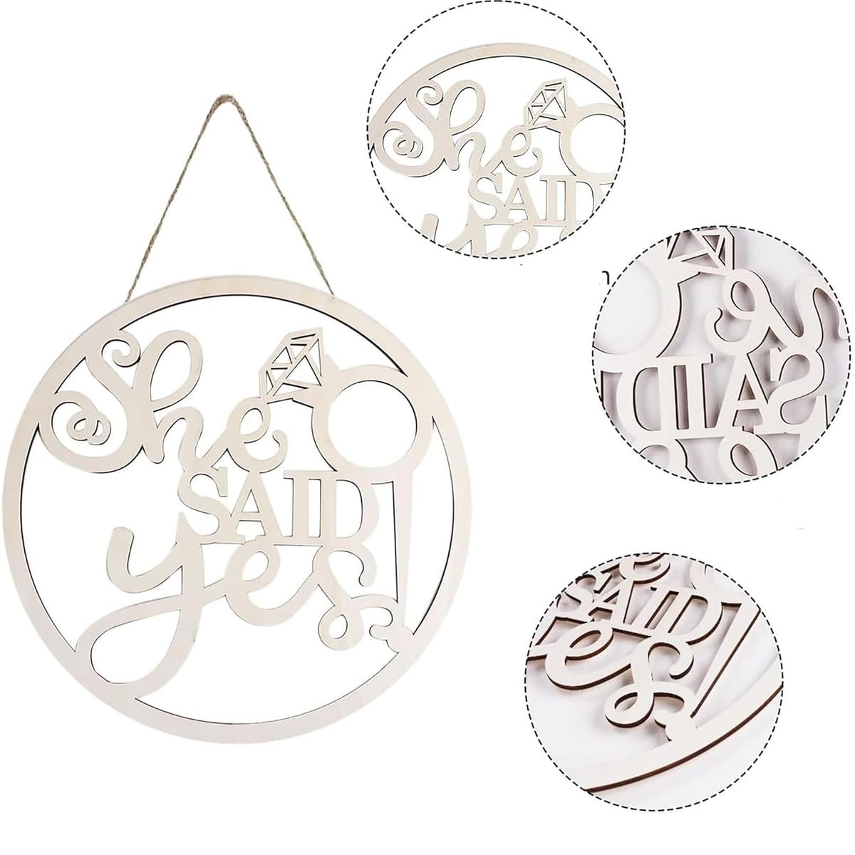 Decorative wooden cutout with 'She Said Yes!' text on a white background