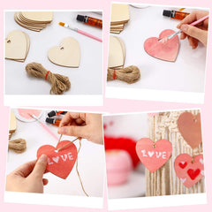Collage of steps to create heart-shaped decorations with paint and twine.