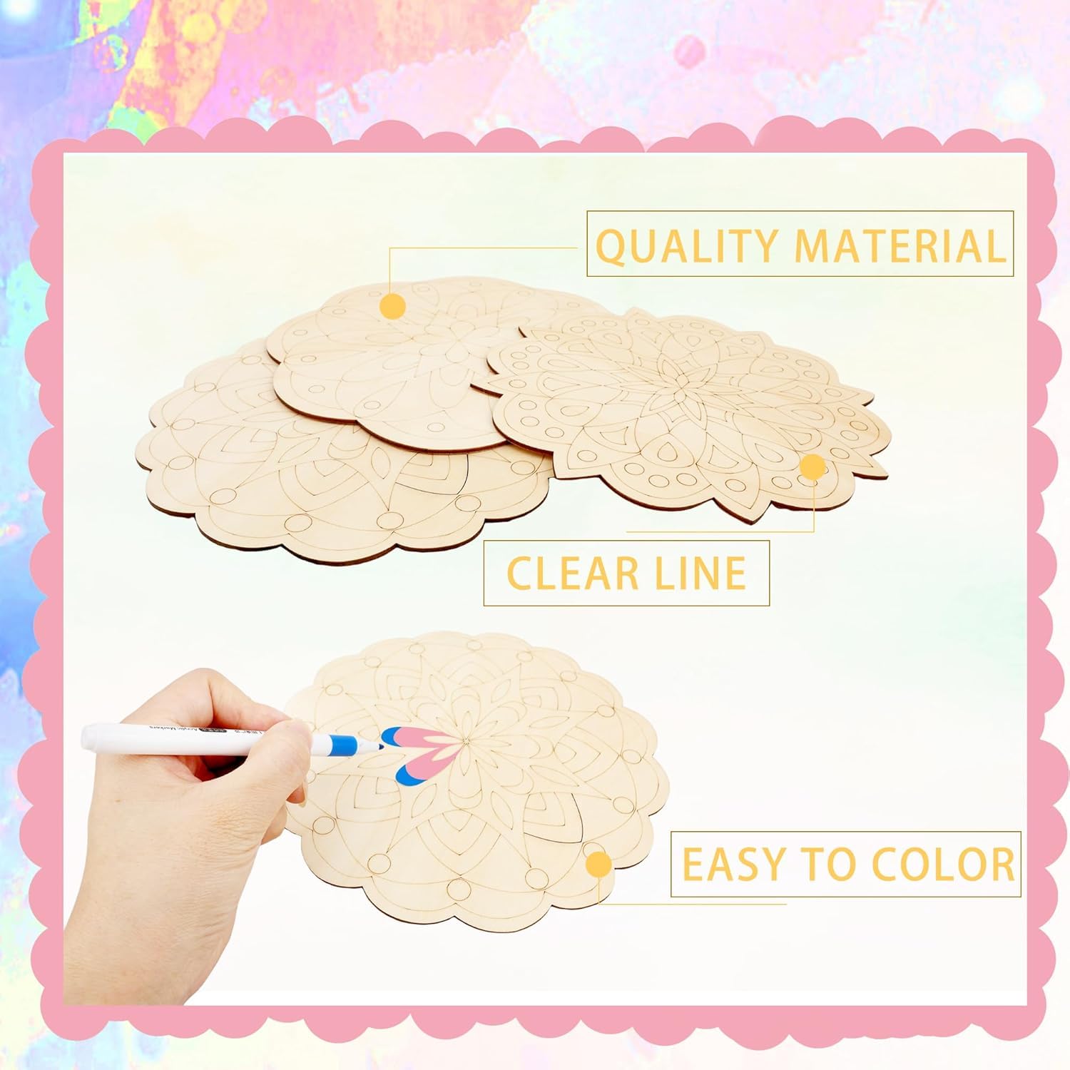 Wooden cloud-shaped coloring boards with a hand using a marker, on a colorful background.