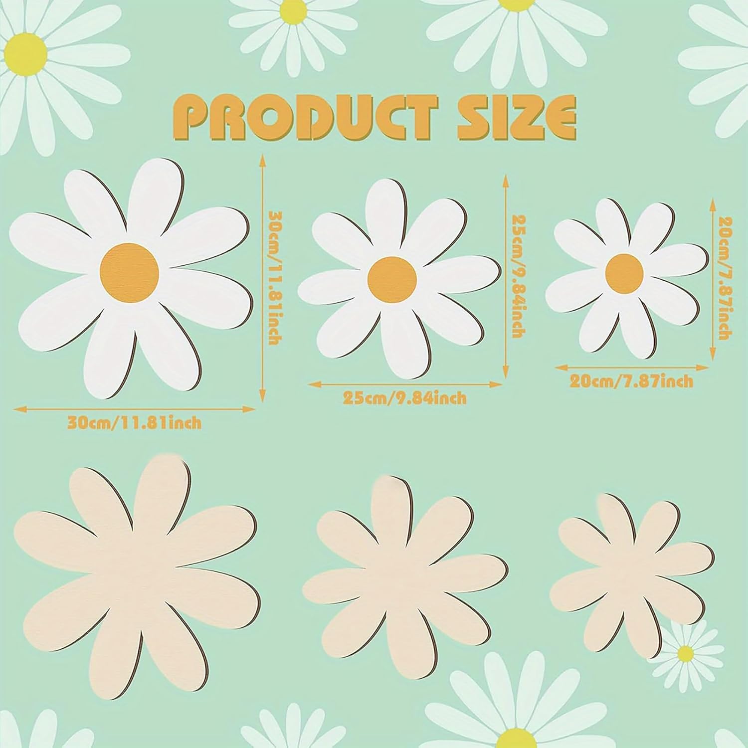 Product size chart with daisy flower illustrations on a light green background