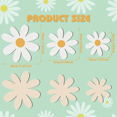 Product size chart with daisy flower illustrations on a light green background