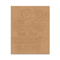 Kraft paper card with cut-out text 'my brother has the coolest sister' and illustrations of a boy and girl on a white background.