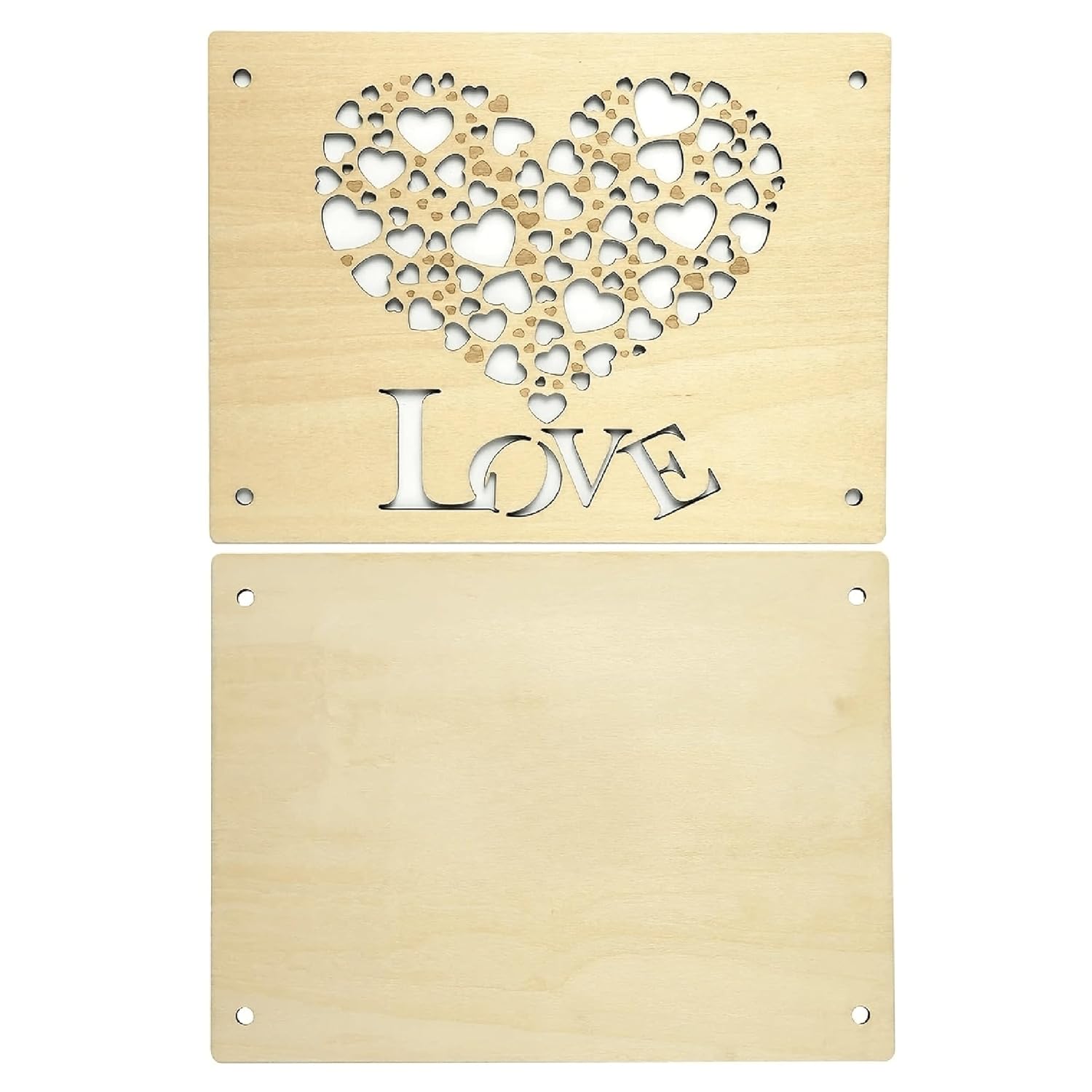 Wooden decorative panel with heart design and 'LOVE' text on a white background