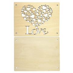 Wooden decorative panel with heart design and 'LOVE' text on a white background