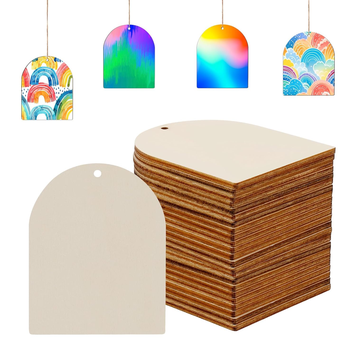 Stack of plain cardboard tags with colorful rainbow designs above them on a white background.