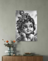 American Elm Baby Krishna HD Printed Aluminum Wall Art Black & White Spiritual Decor for Home Aluminum Sheet