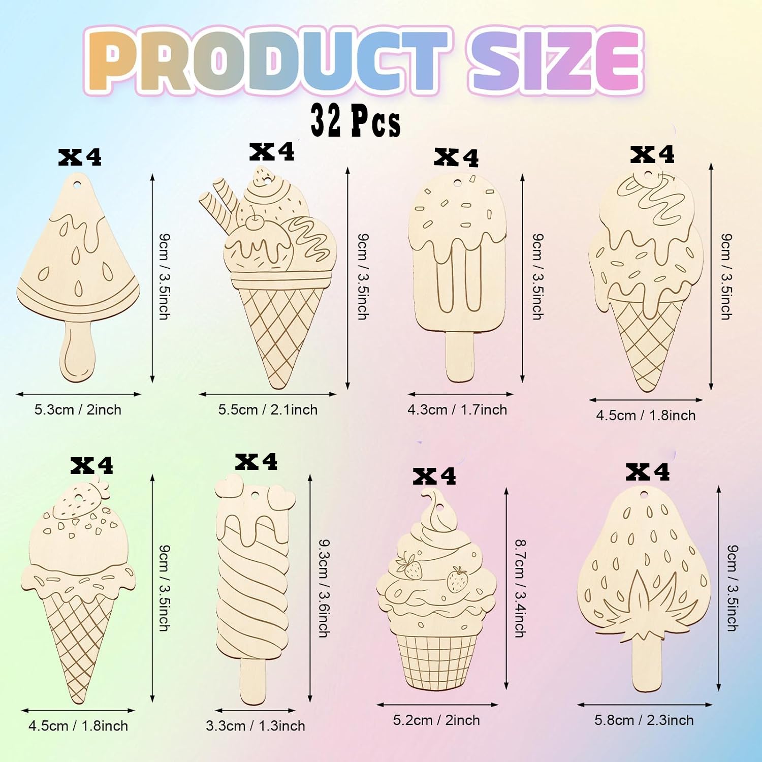 Product size chart for wooden ice cream and popsicle shapes with dimensions on a pastel background.