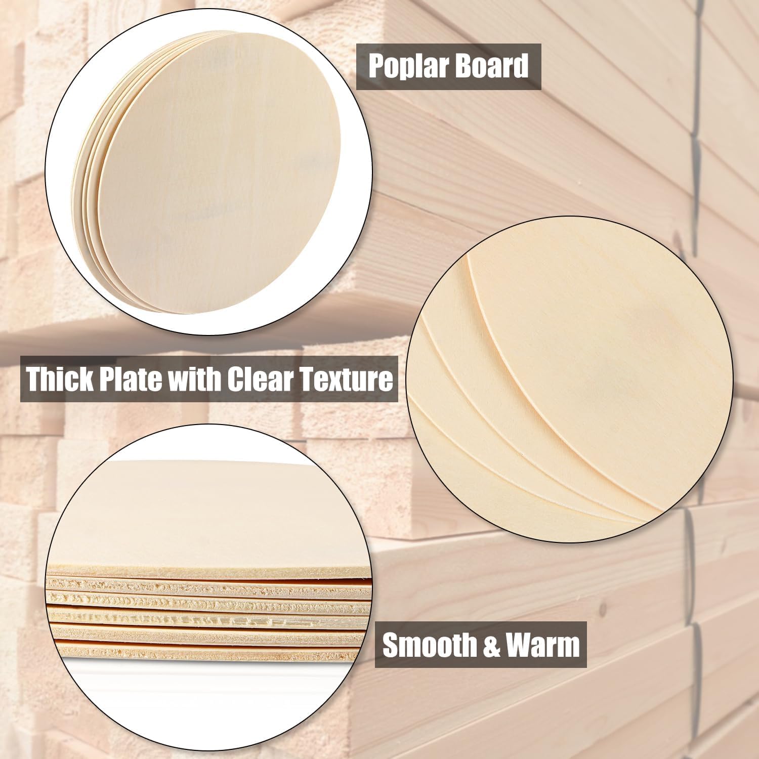 Poplar board with thick plates showing clear texture and smooth warmth on a wooden background.