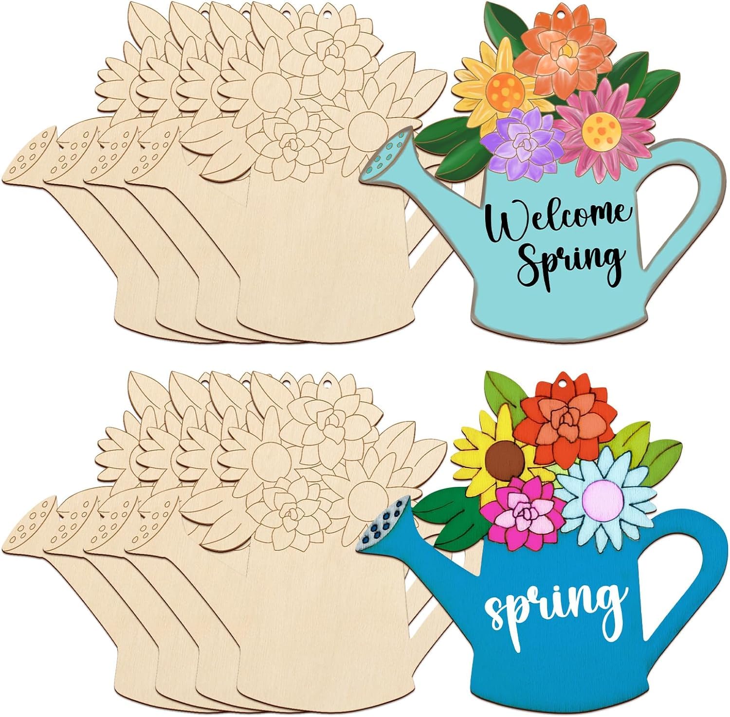 Wooden cutouts of a watering can and flowers with 'Welcome Spring' text on a white background.