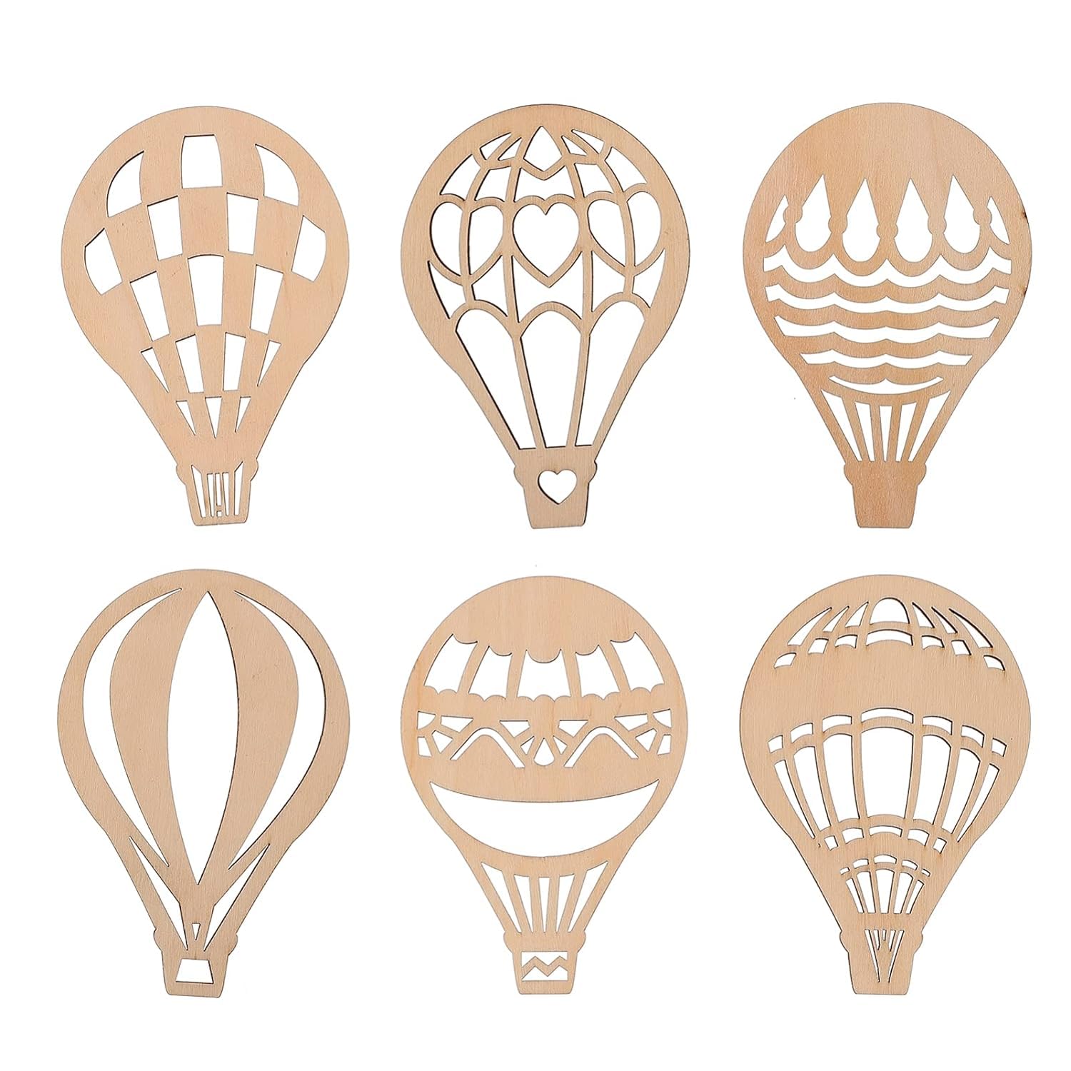 Set of six wooden hot air balloon cutouts with different designs on a white background