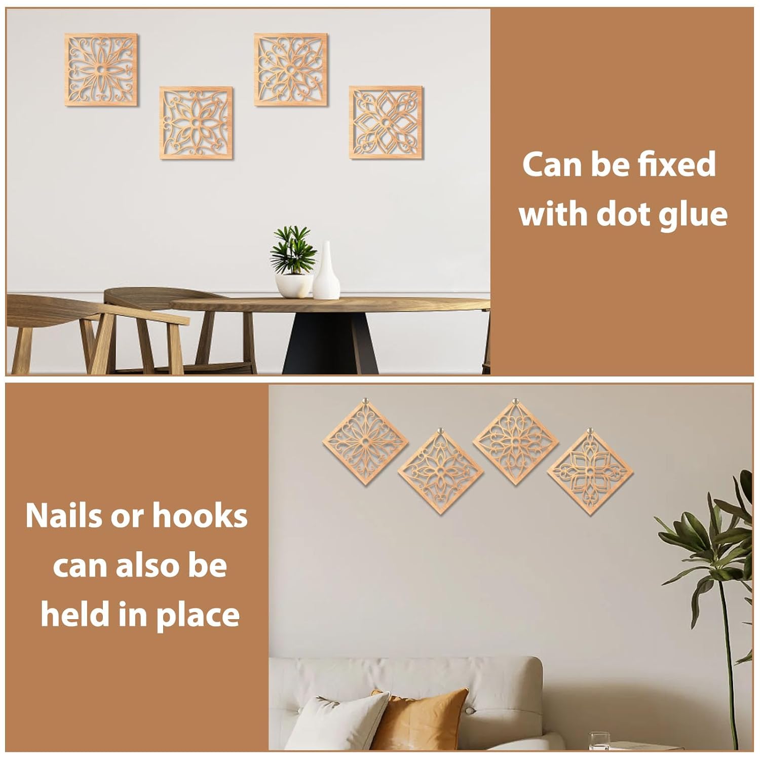 Decorative wall art pieces on a wall with text indicating mounting options.