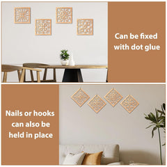 Decorative wall art pieces on a wall with text indicating mounting options.