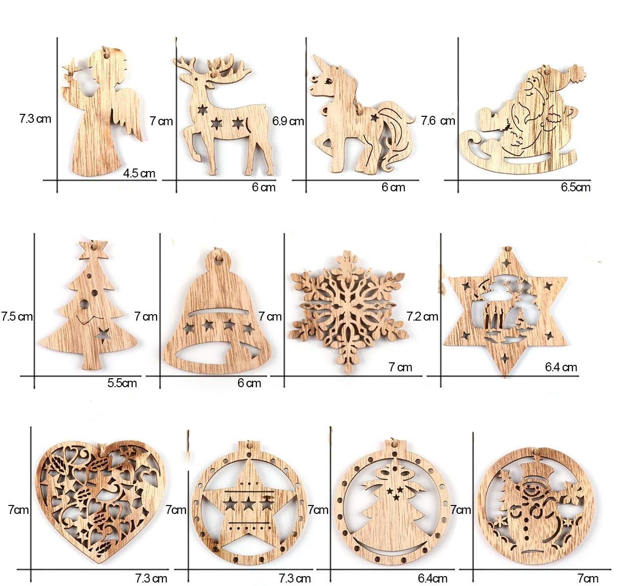 Set of wooden Christmas ornaments with measurements