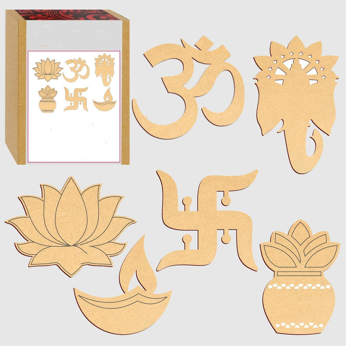 Set of wooden decorative items including OM symbol, lotus flowers, and other symbols on a light gray background.