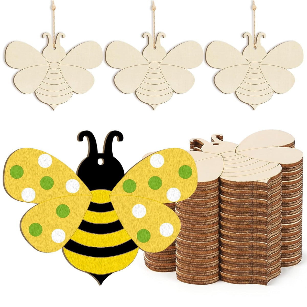 Wooden bee-shaped decorations with a stack of additional bees on a white background