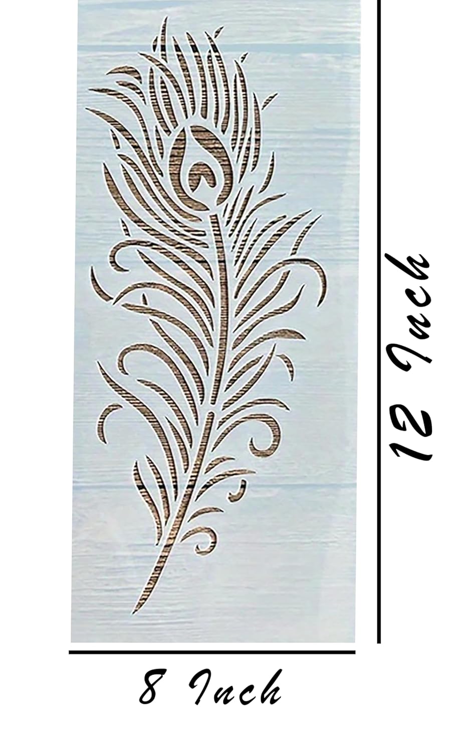 Peacock feather design stencil on a light blue background with dimensions indicated.