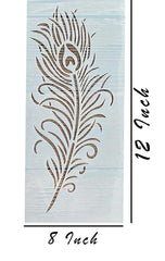Peacock feather design stencil on a light blue background with dimensions indicated.