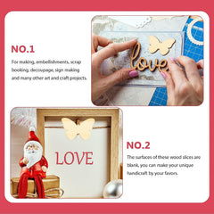 Wooden 'love' and butterfly decorations with crafting activities on a white background.