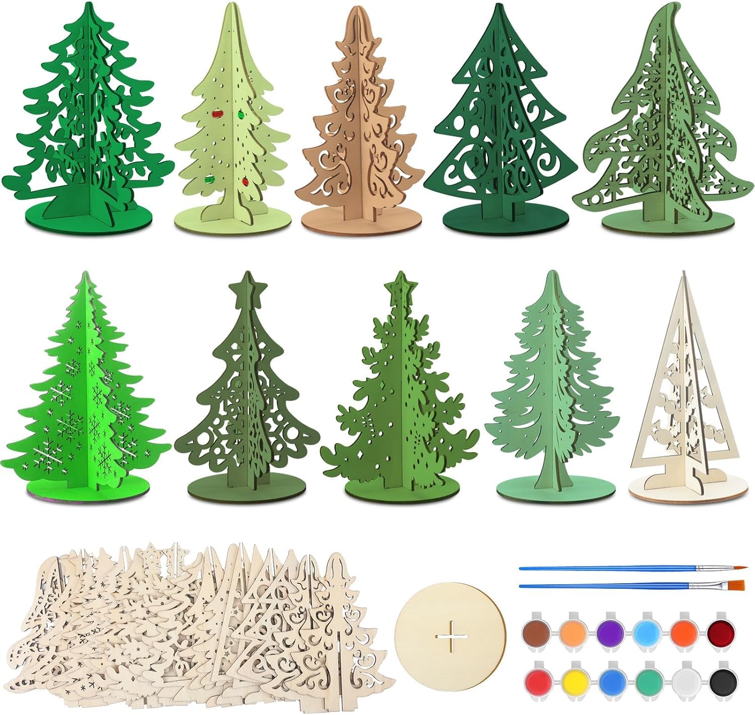 Set of decorative Christmas trees in various designs and colors with painting supplies on a white background.