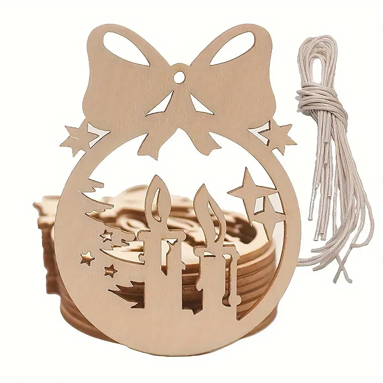 Wooden ornament with cut-out designs on a white background