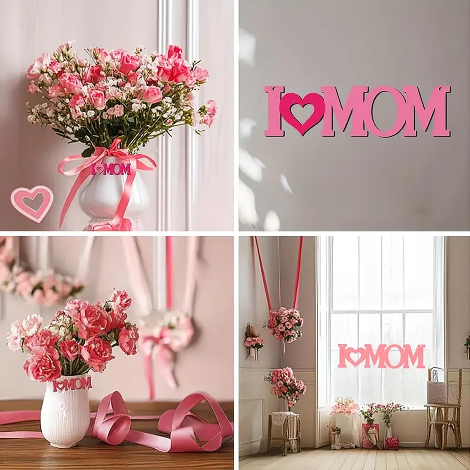 Collage of pink flowers, 'I ❤️ MOM' decor, and a room setting with similar decor.