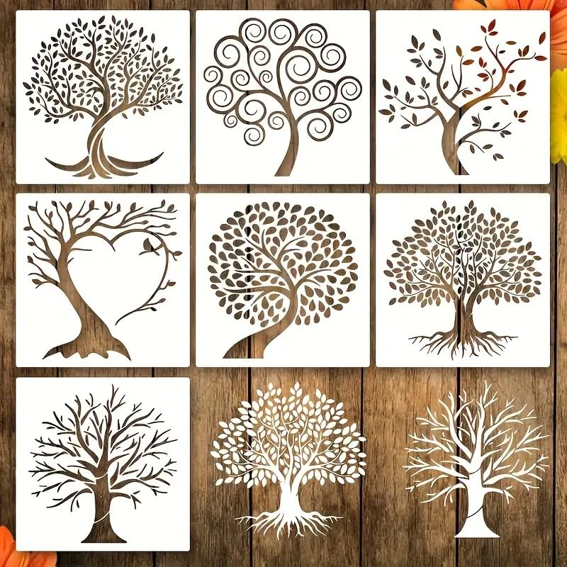 Cliths 7 Pcs Tree of Life Stencil Templates Reusable Plastic Art Templates with Separate Designs for Painting Walls, Wood, Canvas, Fabric, DIY Crafts, and Home Decoration