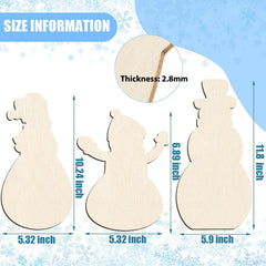 Wooden snowman cutout with measurements on a snowy background