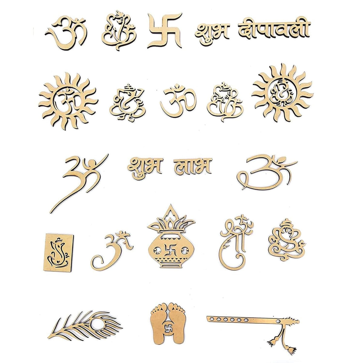 Collection of gold religious symbols and designs on a white background