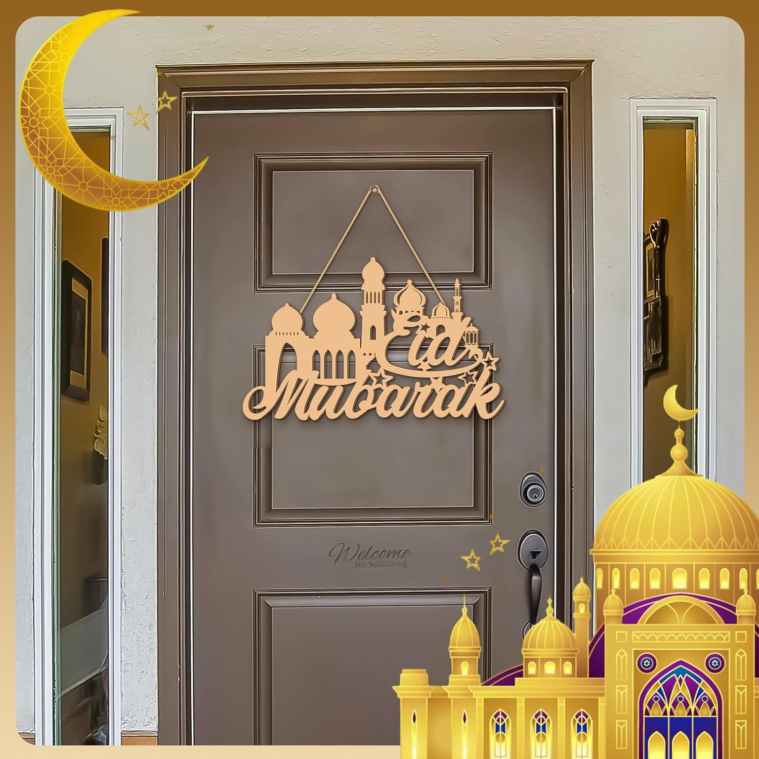 Decorative door hanger with 'Mubarak' text on a door, featuring architectural designs and a crescent moon.