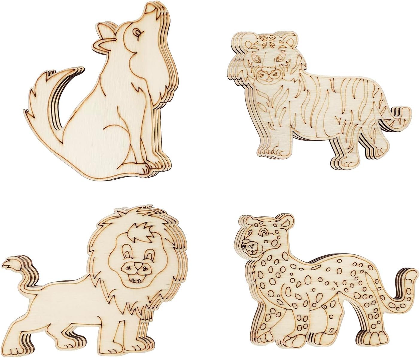 Set of wooden animal puzzles including a wolf, tiger, lion, and leopard on a white background.