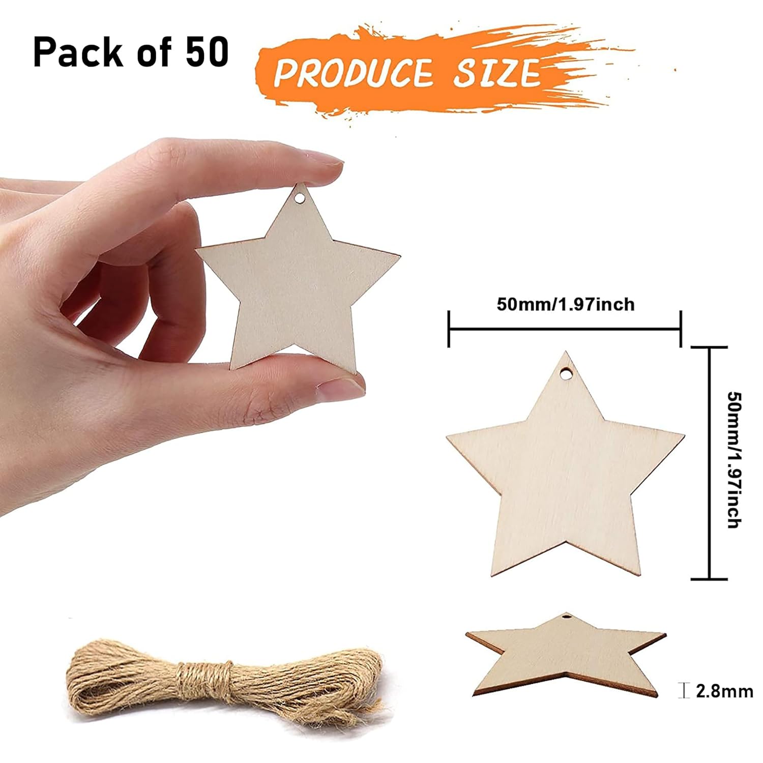 Pack of 50 wooden star-shaped ornaments with a hand holding one, twine, and measurements displayed.