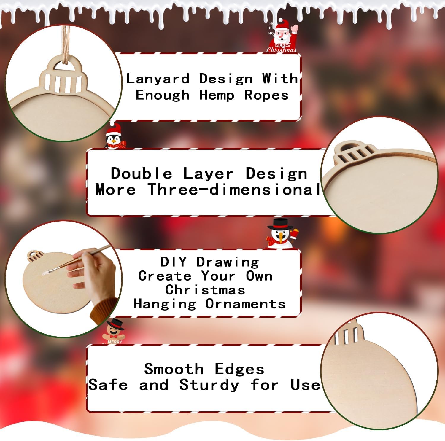 Promotional image of Christmas ornaments with text highlighting features like lanyard design, double layer design, DIY drawing, smooth edges, and safety.