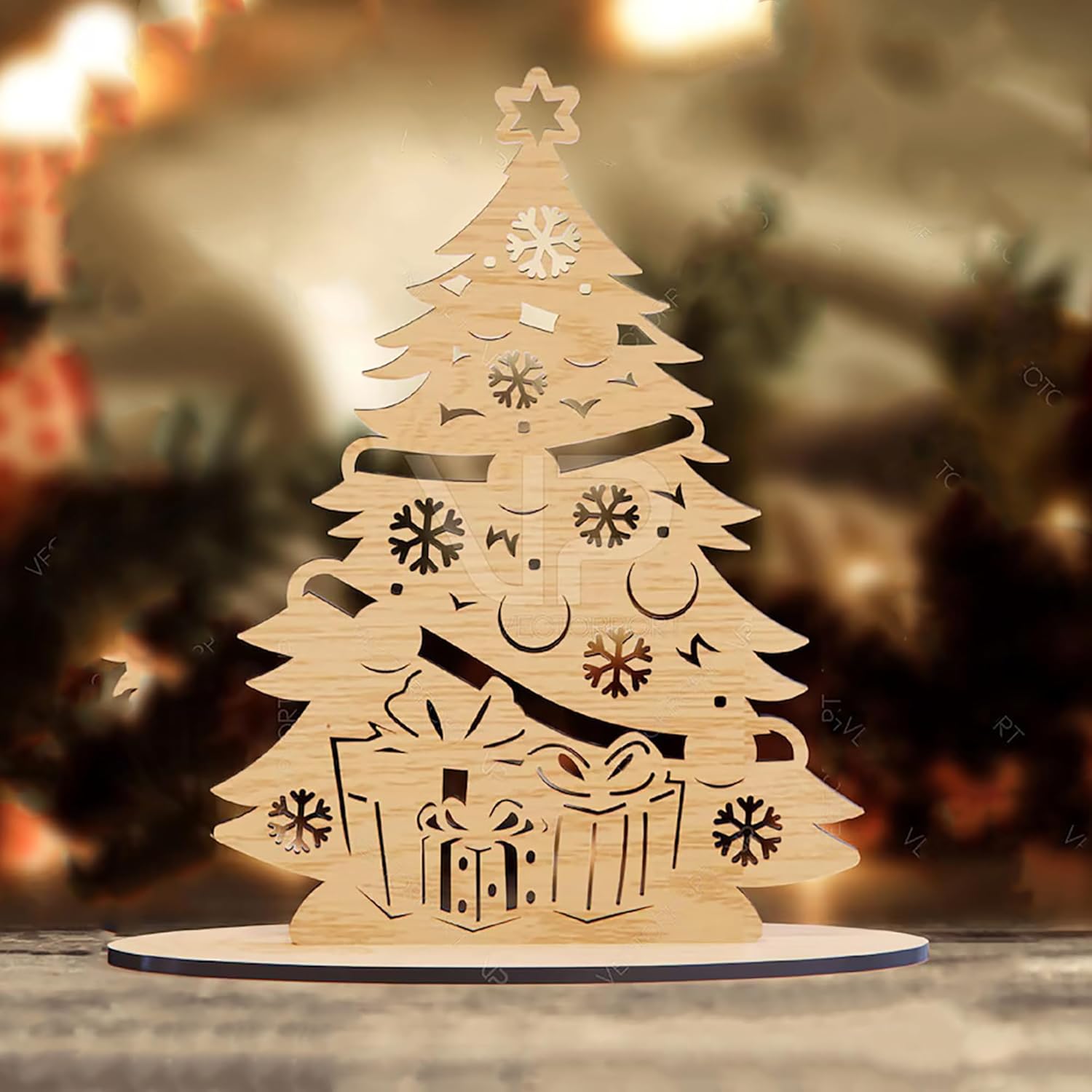 Wooden Christmas tree decoration with cut-out details on a blurred background