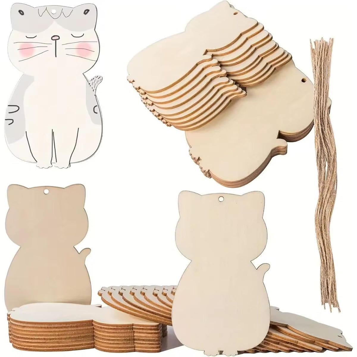 Set of wooden animal-shaped cutouts with a cat design on a white background