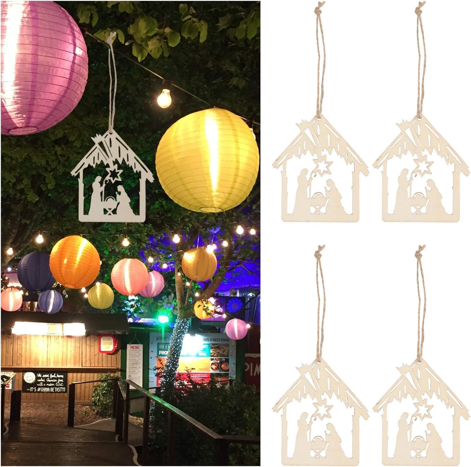 Decorative hanging nativity scene with colorful lanterns in an outdoor setting.