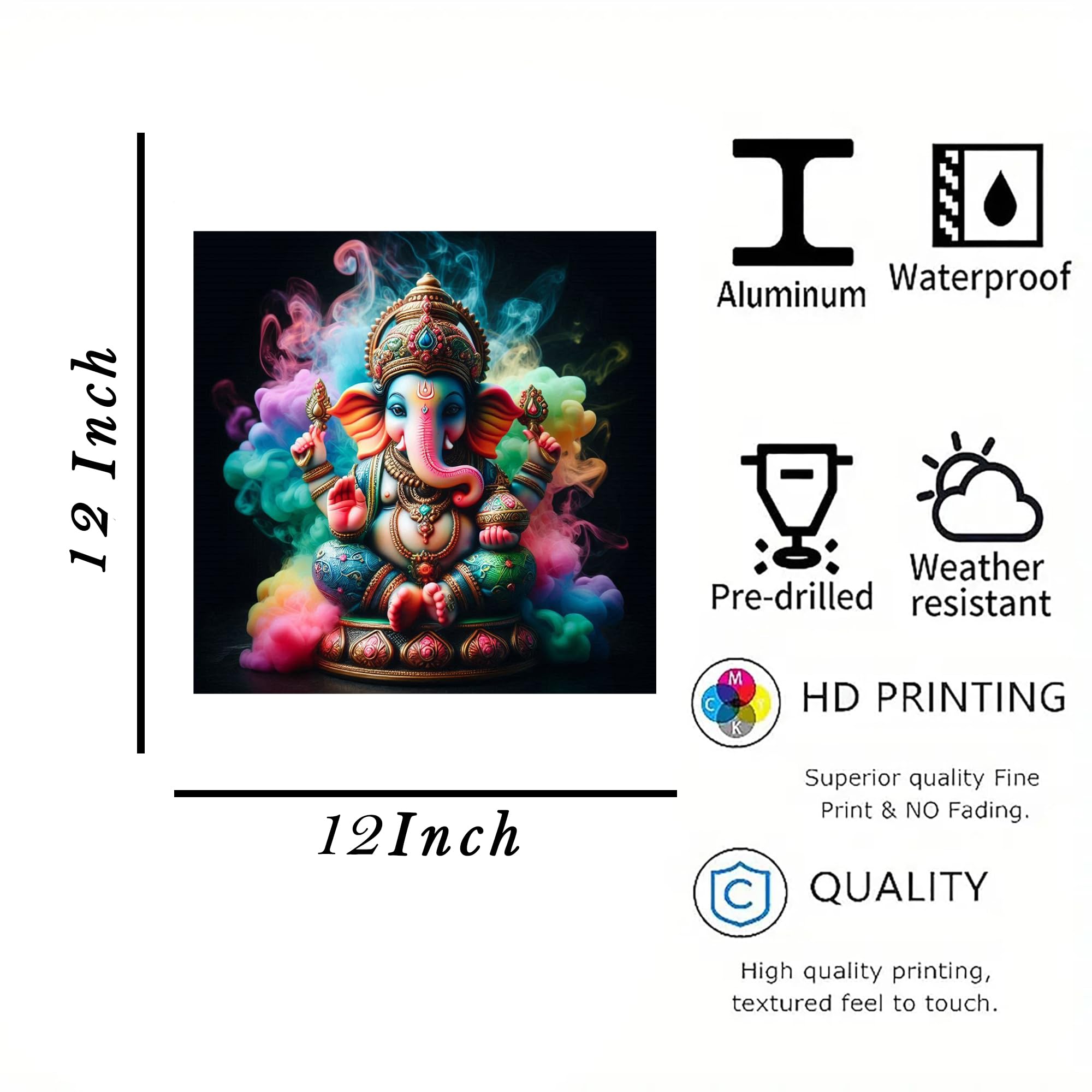 Decorative panel with a colorful depiction of a deity, featuring product details on a white background.